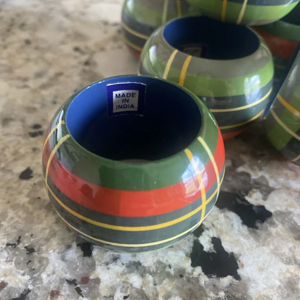 Set‎ of 6 Green Tartain Plaid Napkin Rings Made in India Christmas Cabin